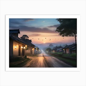 Chinese Village At Dusk paintings art print Art Print