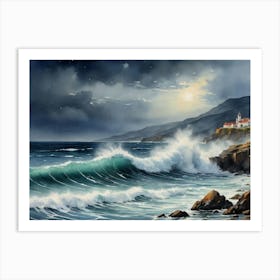 Lighthouse At Night The Fury of the Ocean Art Print