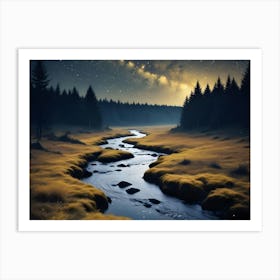 Winding River Flowing Through A Grassy Meadow In A Dense Forest Under A Starry Night Sky, Creating A Serene And Mystical Atmosphere Art Print