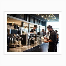 Barista Focused On Pouring Water Into A Step By Step Dripper Amid The Bustling Ambiance Of A Busy C Art Print