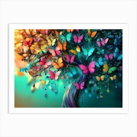 Vibrant Colorful 3d Abstracted Fantasy Butterfly Tree with Elegant Hanging Branches and Leaves Art Print