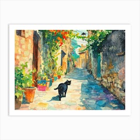 Antalya, Turkey   Black Cat In Street Art Watercolour Painting 3 Art Print