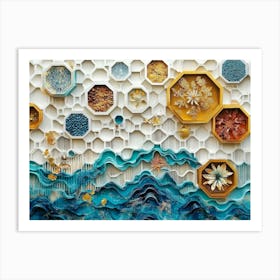 Golden Hexagons and White Lattice Against Oak, With Abstract Turquoise and Blue Waves and Splashes Art Print