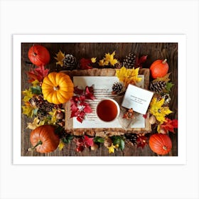 Autumn Themed Table Decor Featuring An Assortment Of Yellow And Orange Leaves Acorns Amidst A Garde (6) Art Print