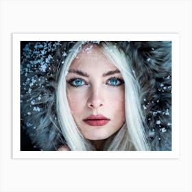 Macro Photography Style Portrait Of A Woman With Chin Length White Hair Blue Eyes Freckles Wrappe Art Print