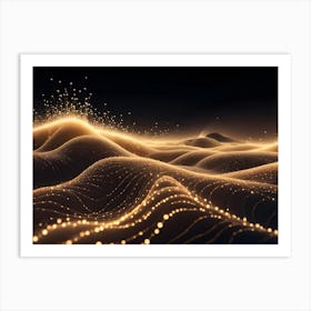 Abstract, 3d Representation Of Golden, Glowing Hills Or Waves On A Dark Background Art Print