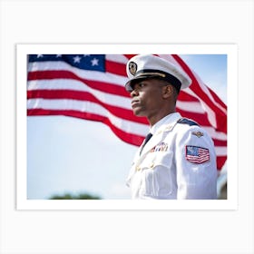 A Reverent Soldier Dressed In An Immaculate Uniform To Honor Memorial Day Stands I Front Of A Flut Art Print