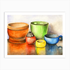 Colorful Dishes watercolor painting colors cups still life painting kitchen art hand painted blue green oragne red yellow Art Print