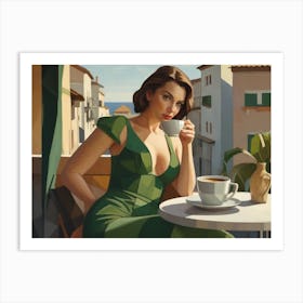 Woman in Green Dress Drinks Coffee Art Print