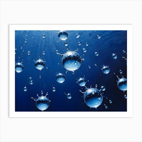 A Blue Background With A Cluster Of Water Droplets, Some Of Which Are Splashing, Creating A Dynamic And Organic Effect Art Print