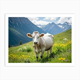 A Closeup On A Pure White Cow Ambling Leisurely In A Verdant Alpine Meadow The Beast Exuding Pure C (5) Art Print