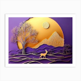 Sunset With Deer Art Print