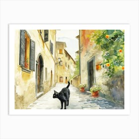 Black Cat In Florence Firenze, Italy, Street Art Watercolour Painting 2 Art Print