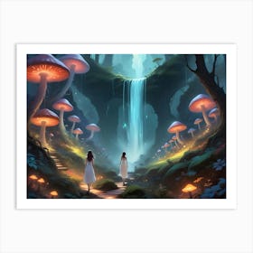 Woman Walking Through A Mystical Forest With Glowing Mushrooms And A Waterfall 7 Art Print