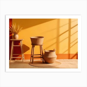 Two Wicker Baskets And A Stool Stand Against A Yellow Wall Art Print