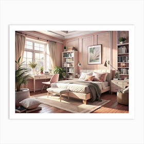 Bedroom Interior With Pink Walls And A Large Window Art Print