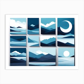 Landscape blue &white, vector art 2 Art Print