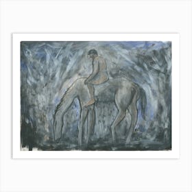 Male Nude On A Horse In Gray And Blue - adult mature man hand painted contemporary Art Print