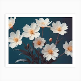 Beautiful Bouquet Of Delicate White Cosmos Flowers With Yellow Centers Against A Turquoise Background, Capturing The Elegance And Simplicity Of Nature Art Print