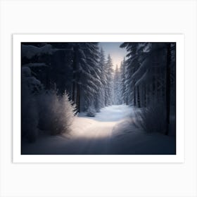 Snowy Path In The Forest With Falling Snow Art Print