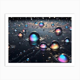 Colorful, Iridescent Water Droplets Form Spheres Of Various Sizes On A Dark, Reflective Surface, Creating Ripples And Reflections Art Print