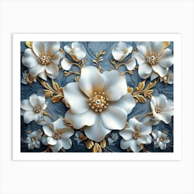 Majestic 3d White And Blue Tones, Golden Jewelry, Floral Motifs Art Print