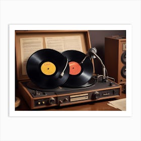 A Vintage Style Image Of A Record Player With Two Vinyl Records, A Tone Arm, And Speakers Art Print