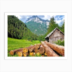 Lonely House And Wood Near The Forest And Mountains Oil Painting Landscape Art Print