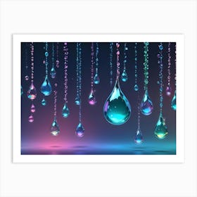 Colorful Water Droplets Hang Suspended In Mid Air Against A Gradient Background Of Pink, Purple, And Blue, With Subtle Reflections Art Print