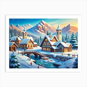 Snow Covered Village In The Mountains At Sunset Art Print