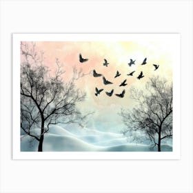 A 3d Landscape Featuring Black Trees And Birds 1 Art Print