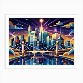 Colorful Cityscape At Night With A Bridge And A Full Moon Art Print