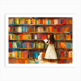 White Cat In The Library - Next To A Girl Art Print