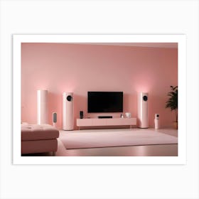 A Modern Living Room Interior With A Pink Sofa, Two Pink Floor Lamps, A Tv, And Two Plants Art Print