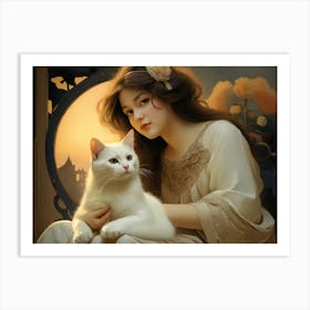 Art Print of a Girl in Art Nouveau Design and with Cat beautiful Art Print