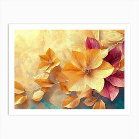 Golden Floral Background, Abstract Vintage Flower Design Art Print