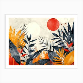 Abstract Tropical Foliage Illustration With Orange Red And Dark Blue Leaves Against A Textured Background Featuring La Art Print