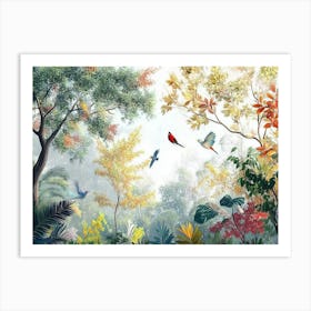 Birds In the Forest. 3d Forest Birds Leaves Trees Art Print