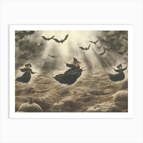 Witches Flying Over Pumpkins Art Print