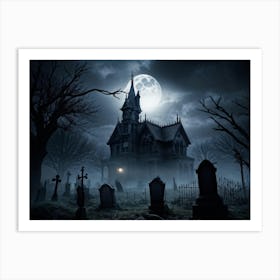 Frightened Souls Hovering Over A Mist Enshrouded Graveyard Full Moon Piercing Through Ominous Cloud (5) Art Print