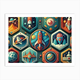 Space Exploration Icons In Hexagon Frames Art Print