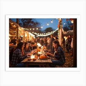 Autumn Festival Illuminated By String Lights Rustic Decorations Such As Dried Corn Husks Pumpkin A (3) Art Print