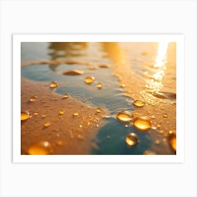 A Close Up Shot Of Water Droplets On A Golden Surface With A Sunbeam Shining Through Them Art Print