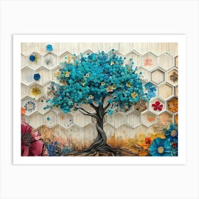 Turquoise Tree On Oak Wood With A White Lattice, Enhanced By Colorful Hexagonal Art Print