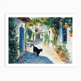 Bodrum, Turkey   Black Cat In Street Art Watercolour Painting 3 Art Print