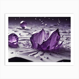 A Purple Crystal Structure Splashes Into A Liquid Surface, Creating Ripples And Droplets, With A Smaller Sphere Nearby Art Print