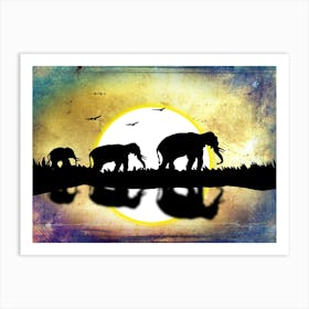 Silhouette Of Elephants At Sunset Art Print