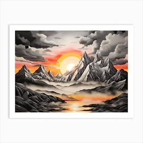 Sunset Over Mountains Black and Grey Art Print