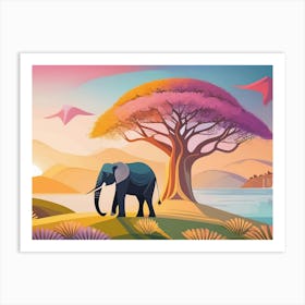 Elephant, Sunset Light In Forest; Animal Wildlife; Old Baobab Tree 18729 Art Print