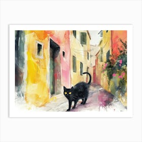 Black Cat In Pescara, Italy, Street Art Watercolour Painting 1 Art Print